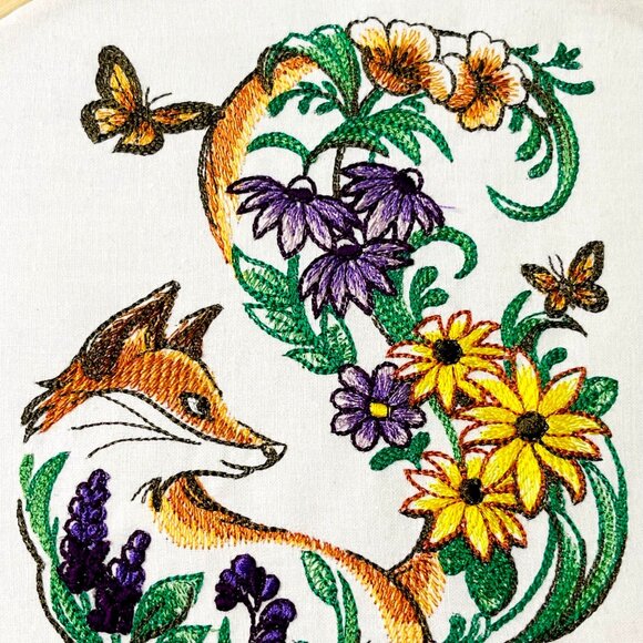 Flower Fox Butterfly Wall Art Embroidery Wood Hoop Frame 10.5" Handmade New - Picture 4 of 7